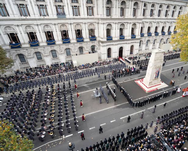 Veterans, members of the military and the Royal family led by King Charles III line Whitehall during the Remembrance Sunday ceremony at the Cenotaph in 2022 in London. (Photo by Stefan Rousseau - WPA Pool/Getty Images)