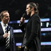 Gareth Bale former Tottenham Hotspur player is interviewed at half-time during the Premier League match (Photo by Ryan Pierse/Getty Images)