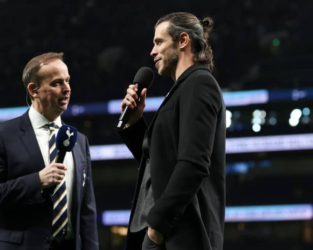 Gareth Bale former Tottenham Hotspur player is interviewed at half-time during the Premier League match (Photo by Ryan Pierse/Getty Images)