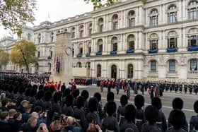 Veterans, members of the military and the Royal family led by King Charles III line Whitehall during the Remembrance Sunday ceremony at the Cenotaph on November 13, 2022. (Photo by Louis Wood - WPA Pool/Getty Images)