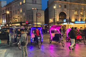 Pedicabs lined up outside the Hippodrome Casino in Leicester Square on Friday, October 20. (Photo by Adrain Zorzut/LDRS)