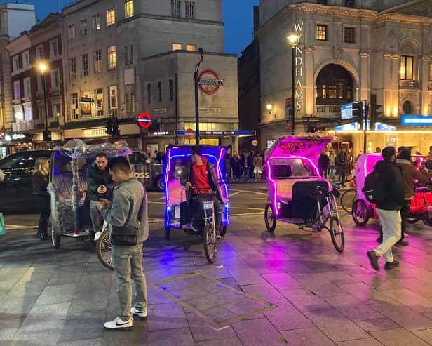 Pedicabs lined up outside the Hippodrome Casino in Leicester Square on Friday, October 20. (Photo by Adrain Zorzut/LDRS)