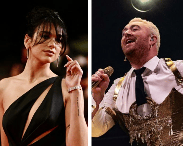 Dua Lip and Sam Smith. (Photos by Lois Venance/Paul Bergen/AFP/Getty)