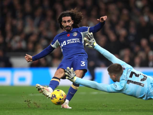  Marc Cucurella of Chelsea has a shot saved by Guglielmo Vicario of Tottenham during the Premier League match between Tottenham Hotspur and Chelsea 
