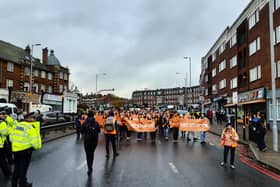 Just Stop Oil continued its campaign calling for an end to UK-based fossil fuel projects with a march this morning on Hendon Way. Credit: Just Stop Oil.