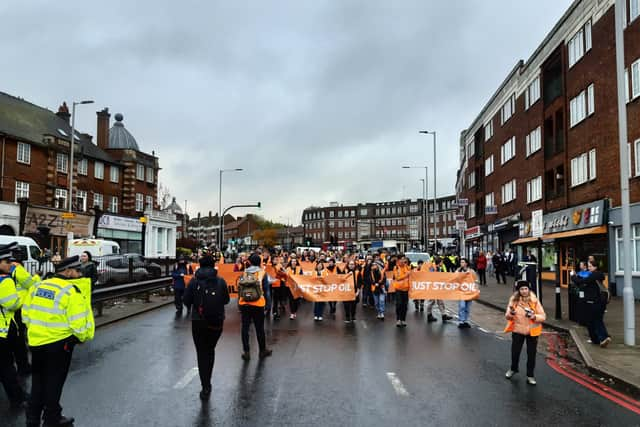 Just Stop Oil continued its campaign calling for an end to UK-based fossil fuel projects with a march this morning on Hendon Way. Credit: Just Stop Oil.