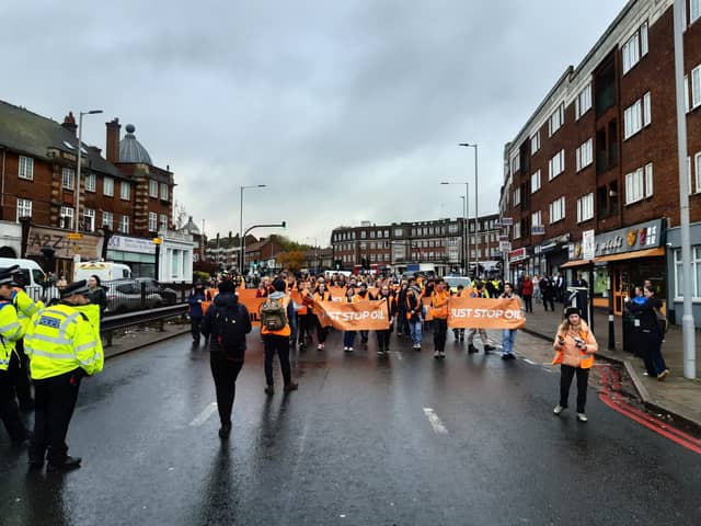 Just Stop Oil continued its campaign calling for an end to UK-based fossil fuel projects with a march this morning on Hendon Way. Credit: Just Stop Oil.