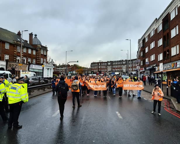 Just Stop Oil continued its campaign calling for an end to UK-based fossil fuel projects with a march this morning on Hendon Way. Credit: Just Stop Oil.