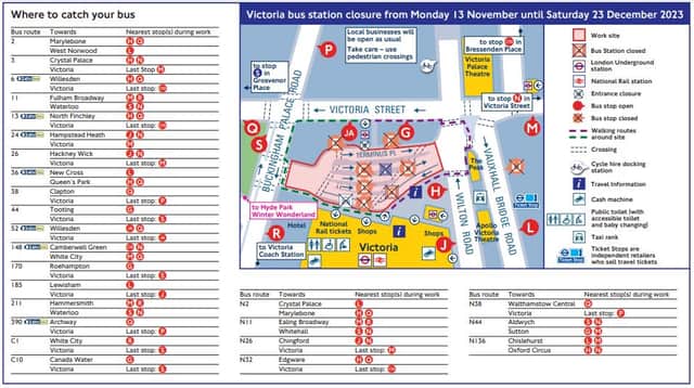 A map showing the area closed at Victoria bus station. Credit: TfL.