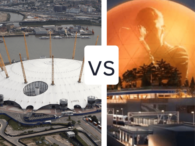The owner of the O2 arena is opposing proposals for an MSG Sphere venue in east London. (Photos by Getty/MSG Sphere)