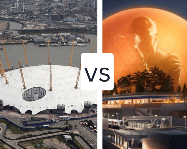 The owner of the O2 arena is opposing proposals for an MSG Sphere venue in east London. (Photos by Getty/MSG Sphere)