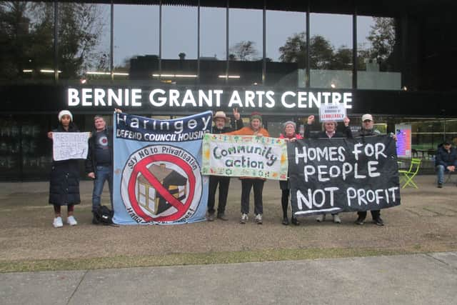 Campaigners against the CPO outside the inquiry venue at the Bernie Grant Arts Centre in Tottenham. Credit: LDRS.