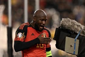 Belgium's forward #10 Romelu Lukaku celebrates scoring his team's fourth goal during the UEFA Champions League Qualifying Group F football match between Belgium and Azerbaijan 