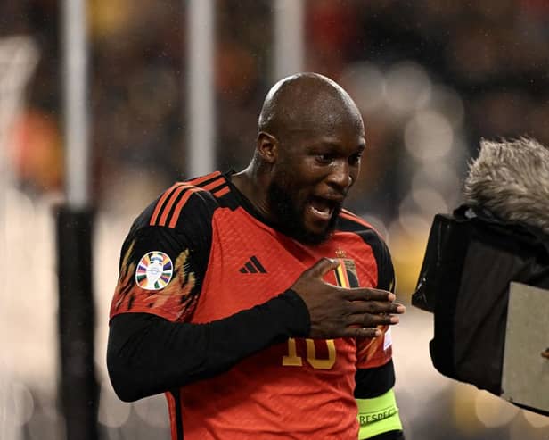 Belgium's forward #10 Romelu Lukaku celebrates scoring his team's fourth goal during the UEFA Champions League Qualifying Group F football match between Belgium and Azerbaijan 