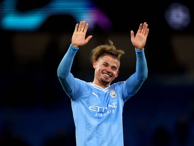  Kalvin Phillips of Manchester City acknowledges the fans after the team's victory during the UEFA Champions League match