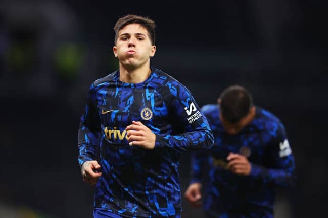 Enzo Fernandez of Chelsea looks on as he warms up prior to the Premier League match between Tottenham Hotspur and Chelsea FC at Tottenham Hotspur
