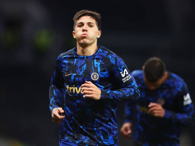 Enzo Fernandez of Chelsea looks on as he warms up prior to the Premier League match between Tottenham Hotspur and Chelsea FC at Tottenham Hotspur 