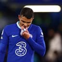 APRIL 26: Thiago Silva of Chelsea, carrying the Captains Armband, looks dejected following defeat to Brentford during the Premier League match between Chelsea FC and Brentford