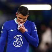 APRIL 26: Thiago Silva of Chelsea, carrying the Captains Armband, looks dejected following defeat to Brentford during the Premier League match between Chelsea FC and Brentford