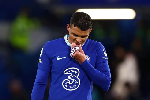 APRIL 26: Thiago Silva of Chelsea, carrying the Captains Armband, looks dejected following defeat to Brentford during the Premier League match between Chelsea FC and Brentford