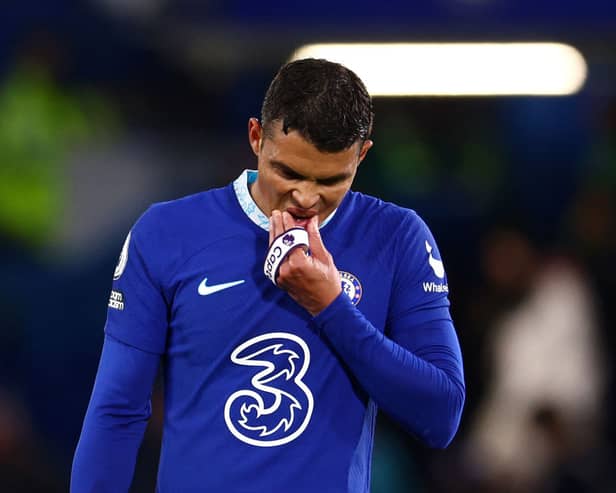APRIL 26: Thiago Silva of Chelsea, carrying the Captains Armband, looks dejected following defeat to Brentford during the Premier League match between Chelsea FC and Brentford