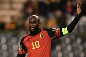 Belgium's forward #10 Romelu Lukaku gestures during the UEFA Champions League Qualifying Group F football match between Belgium and Azerbaijan