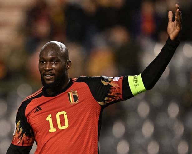 Belgium's forward #10 Romelu Lukaku gestures during the UEFA Champions League Qualifying Group F football match between Belgium and Azerbaijan