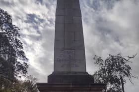 A London war memorial defaced with anti-Israel graffiti. (Photo by MPS)