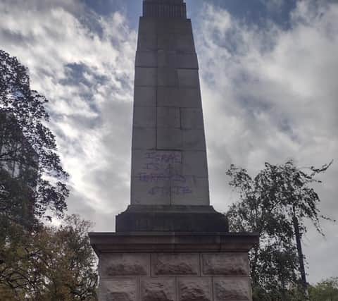 A London war memorial defaced with anti-Israel graffiti. (Photo by MPS)