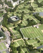 A birds eye view of how the Wimbledon Tennis Club could look by 2028. Credit: AELTC