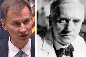 Chancellor Jeremy Hunt and Alexander Fleming. (Photos by BBC/Parliament/Topical Press Agency/Getty Images)