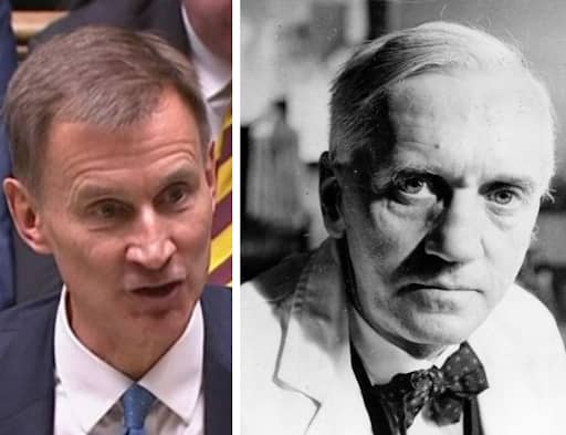 Chancellor Jeremy Hunt and Alexander Fleming. (Photos by BBC/Parliament/Topical Press Agency/Getty Images)
