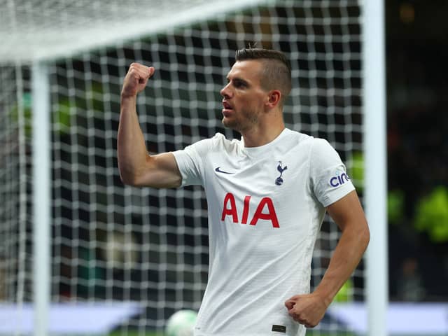Giovani Lo Celso of Tottenham Hotspur celebrates after scoring their sides second goal during the UEFA Europa Conference League group G match 