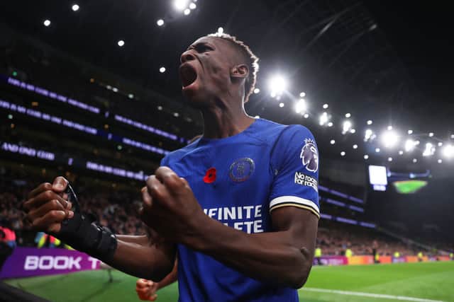 Nicolas Jackson of Chelsea celebrates after scoring the team's second goal during the Premier League match between Tottenham Hotspur and Chelsea