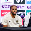 Reece James #24 and head coach Mauricio Pochettino of the Chelsea Football Club attend a press conference at Mercedes-Benz Stadium 