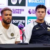 Reece James #24 and head coach Mauricio Pochettino of the Chelsea Football Club attend a press conference at Mercedes-Benz Stadium 