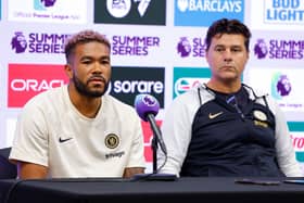 Reece James #24 and head coach Mauricio Pochettino of the Chelsea Football Club attend a press conference at Mercedes-Benz Stadium 