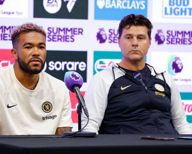 Reece James #24 and head coach Mauricio Pochettino of the Chelsea Football Club attend a press conference at Mercedes-Benz Stadium 