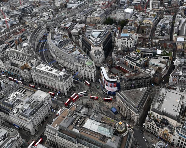 An aerial view of Picadilly Circus, London, in 2017. (Photo by Dan Mullan/Getty Images)