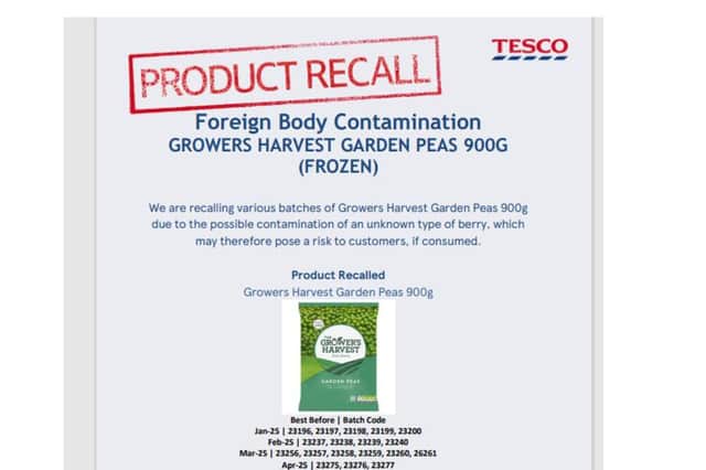 The Tesco product recall notice for Grower's Harvest Garden Peas. (Photo by Tesco)