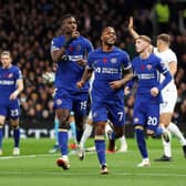 Raheem Sterling of Chelsea celebrates scoring a goal that was later ruled out for handball during the Premier League match between Tottenham Hotspur and Chelsea FC