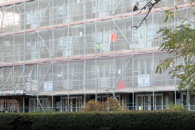 Scaffolding at Iveagh House in Brixton. (Photo by Jack Abela)