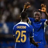  Moises Caicedo and Lesley Ugochukwu of Chelsea celebrate following their sides victory after the Carabao Cup Third Round match between Chelsea and Brighton & Hove Albion 