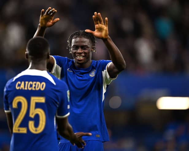  Moises Caicedo and Lesley Ugochukwu of Chelsea celebrate following their sides victory after the Carabao Cup Third Round match between Chelsea and Brighton & Hove Albion 