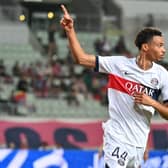 Hugo Ekitike of Paris Saint-Germain celebrates scoring his side's first goal during the preseason friendly match between Cerezo Osaka and Paris Saint-Germain