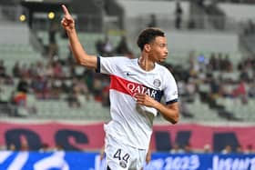 Hugo Ekitike of Paris Saint-Germain celebrates scoring his side's first goal during the preseason friendly match between Cerezo Osaka and Paris Saint-Germain