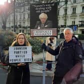 Louise and Peter protest outside Dorland House