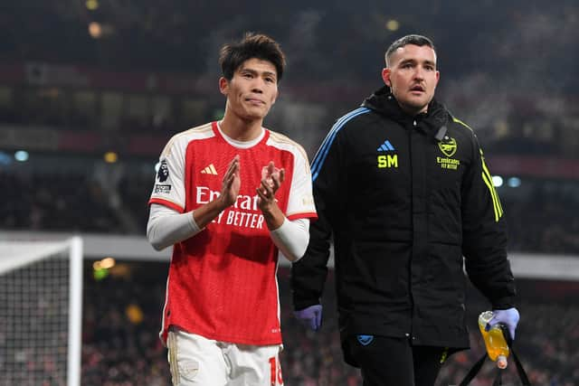 Takehiro Tomiyasu came off injured for Arsenal against Wolves. He is expected to miss the Premier League clash with Aston Villa. (Image: Getty Images)