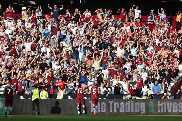 Mohammed Kudus celebrates with West Ham fans. Credit: Getty