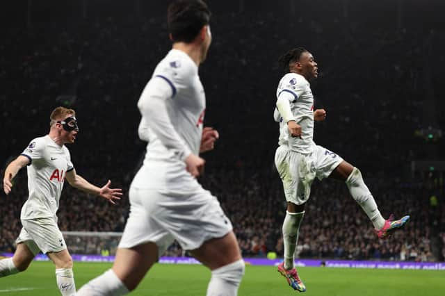 Destiny Udogie celebrates after scoring the opening goal of for Tottenham Hotspur against Newcastle United. (Photo by Adrian Dennis/AFP via Getty)